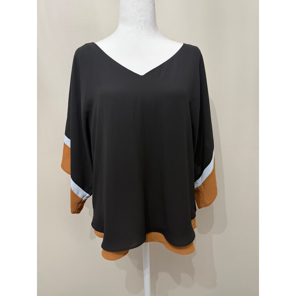 Black Color Block V Neck Blouse - Size S